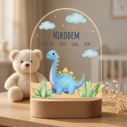 Owalna lampka ze szkła akrylowego z metryczką i dinozaurem - upominek dla dziecka na chrzest
