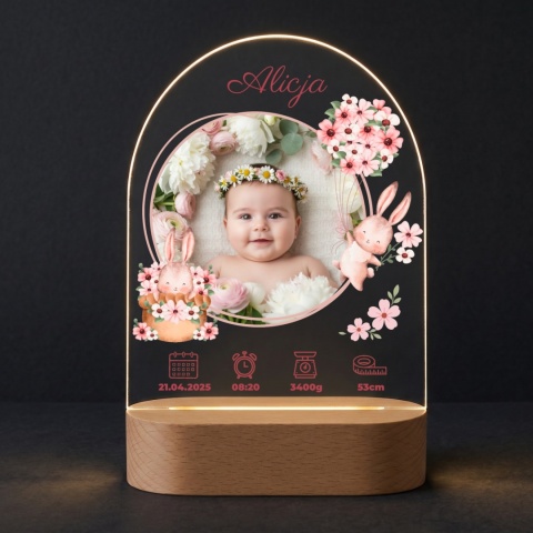 Owalna lampka ze szkła akrylowego z motywem króliczków - personalizowana pamiątka na chrzest