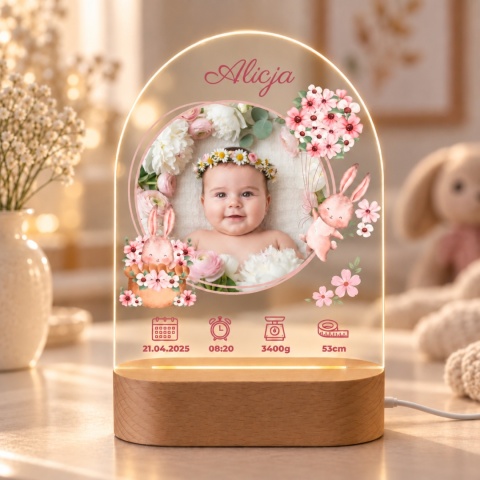 Owalna lampka ze szkła akrylowego z motywem króliczków - personalizowana pamiątka na chrzest