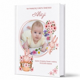 Pamiątka prezent chrztu świętego - Biblia dla dzieci ze zdjęciem motyw króliczków