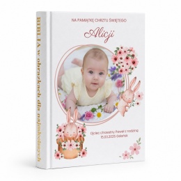 Pamiątka prezent chrztu świętego - Biblia dla dzieci ze zdjęciem motyw króliczków