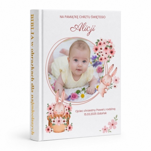 Pamiątka prezent chrztu świętego - Biblia dla dzieci ze zdjęciem motyw króliczków