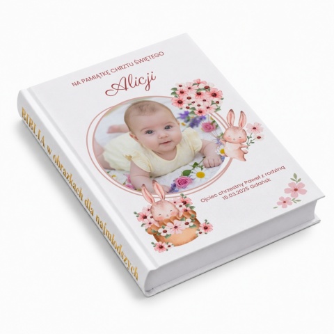 Pamiątka prezent chrztu świętego - Biblia dla dzieci ze zdjęciem motyw króliczków