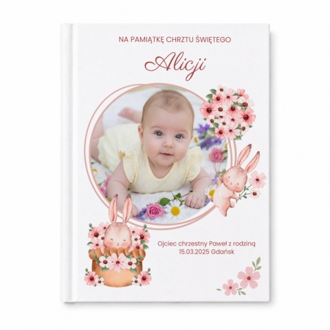Pamiątka prezent chrztu świętego - Biblia dla dzieci ze zdjęciem motyw króliczków