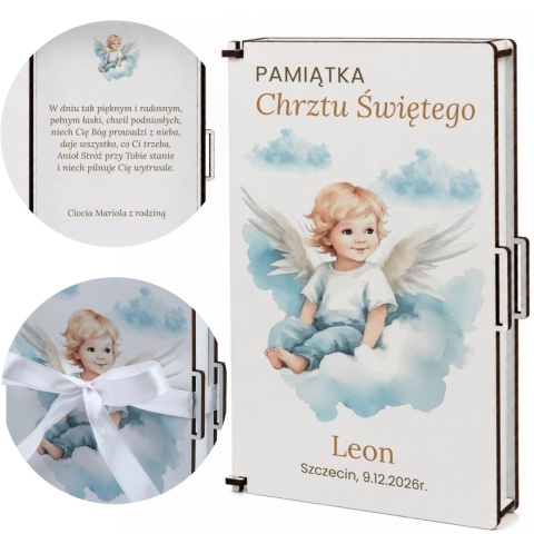 Pamiątka prezent na chrzest - Klasyczne pudełko na pieniądze z motywem aniołka