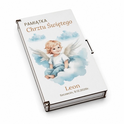 Pamiątka prezent na chrzest - Klasyczne pudełko na pieniądze z motywem aniołka