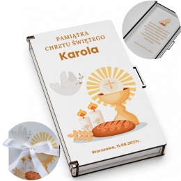 Pamiątka prezent na chrzest - Pudełko na pieniądze z motywem gołębicy i kielicha