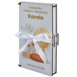 Pamiątka prezent na chrzest - Pudełko na pieniądze z motywem gołębicy i kielicha