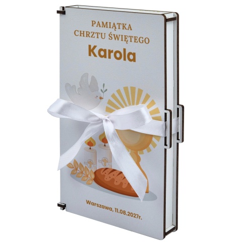 Pamiątka prezent na chrzest - Pudełko na pieniądze z motywem gołębicy i kielicha