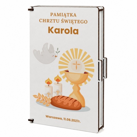 Pamiątka prezent na chrzest - Pudełko na pieniądze z motywem gołębicy i kielicha