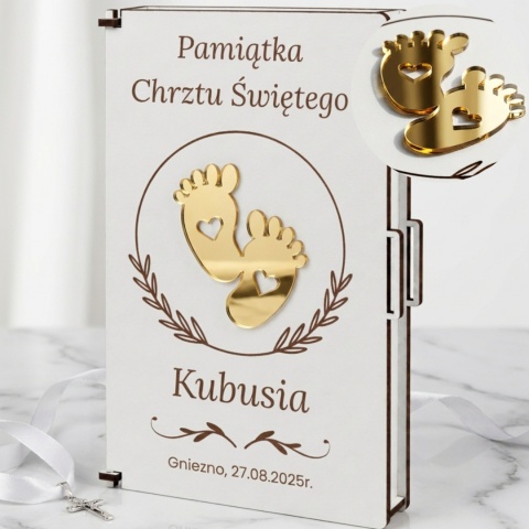 Pamiątku chrztu świętego - pudełko na pieniądze na chrzciny ze złotym lustrzanym dekorem 3D
