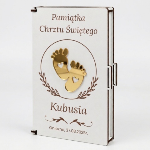 Pamiątku chrztu świętego - pudełko na pieniądze na chrzciny ze złotym lustrzanym dekorem 3D