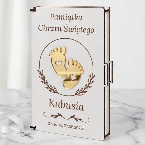 Pamiątku chrztu świętego - pudełko na pieniądze na chrzciny ze złotym lustrzanym dekorem 3D