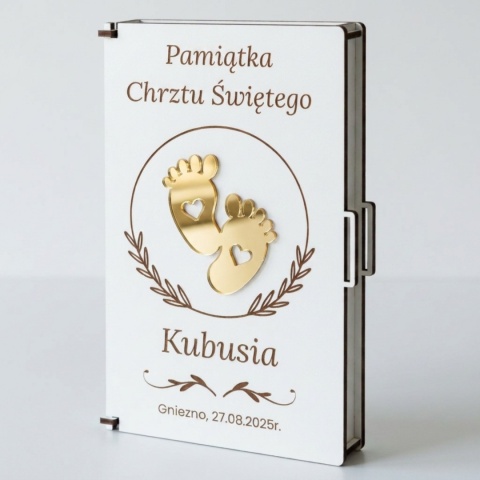 Pamiątku chrztu świętego - pudełko na pieniądze na chrzciny ze złotym lustrzanym dekorem 3D