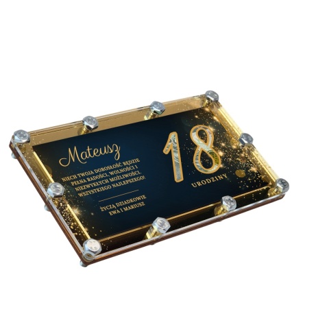 Personalizowana kartka na pieniądze z plexi na 18 urodziny ze złotym motywem