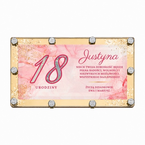 Personalizowana kartka z plexi na 18 urodziny dla dziewczyny różowy marmur ze złotem
