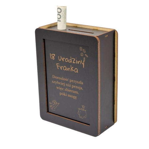 Personalizowana skarbonka na osiemnaste urodziny czarna HDF
