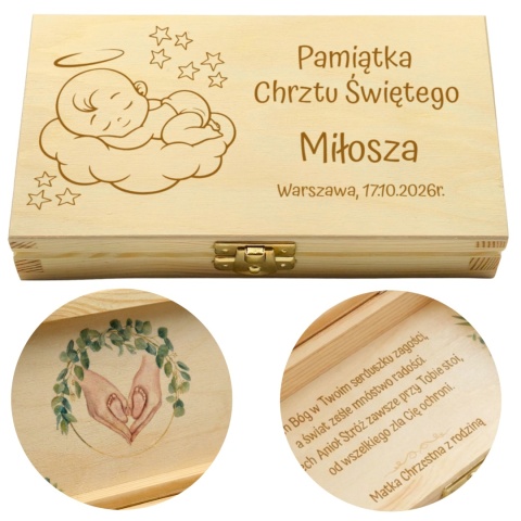Prezent pamiątka chrztu świętego - drewniane pudełko na pieniądze z grawerem, śpiące dziecko