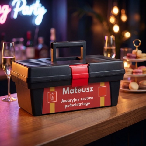 Skrzynka narzędziowa z personalizowaną etykietą na 18 urodziny motyw ratunkowy