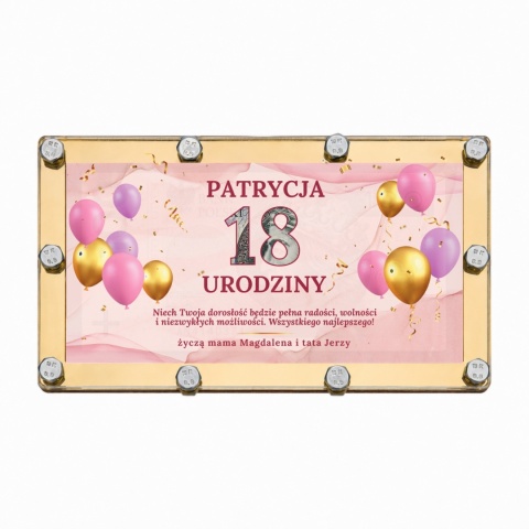 Wyjątkowa pamiątka na 18 urodziny dla dziewczyny - kartka z nadrukiem i złotą ramką